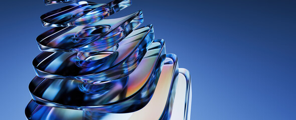 Abstract spiral glassy sculpture with iridescent blue and purple reflections