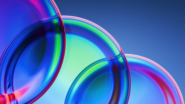 Abstract colorful iridescent bubbles with vibrant hues and a gradient background