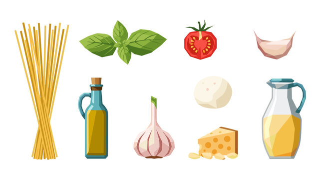Low poly italian ingredients set with pasta, cheese, and vegetables