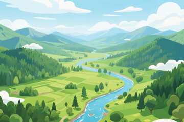 Lush green valley with winding river, rolling hills, forests, farmland patches, and bright sky with scattered clouds. © HardTeam