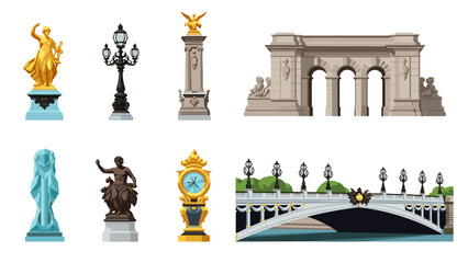Iconic monuments and sculptures collection featuring classic european architecture and art