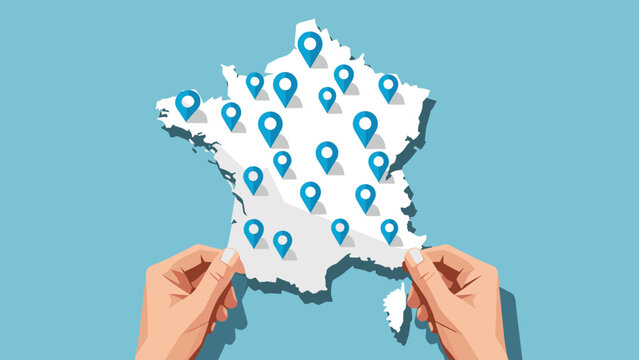 Hands holding france map with location markers on blue background