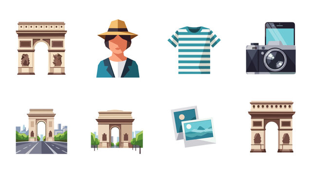 Vintage travel essentials and landmark icons in flat design style