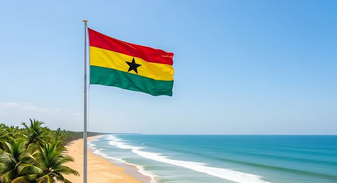Ghanaian flag waving on a serene beach with clear blue sky