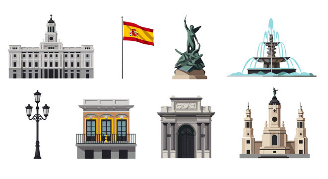 Iconic spanish landmarks and architecture in flat style design
