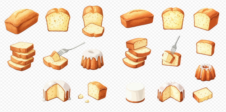 Set of delicious pound cake illustrations, whole and sliced, with glaze and fork, on transparent background.