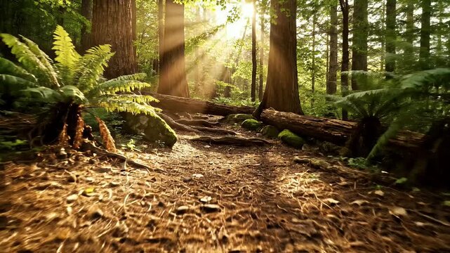 Immersive tracking shot gliding along a vibrant summer forest path, bathed in golden dappled sunlight during National Park Week celebration.