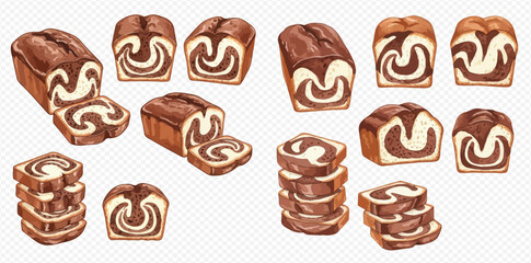 Watercolor illustration of chocolate swirl bread loaves and slices, perfect for bakery and dessert designs.
