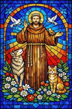 Saint Francis of Assisi with animals and birds in flower garden colorful stained glass mosaic style religious art