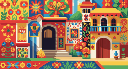 Vibrant mexican folk art with colorful geometric patterns and floral designs
