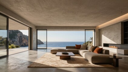 Naklejka premium Luxury Coastal Villa Interior with Ocean View and Modern Design Elements for Upscale Living