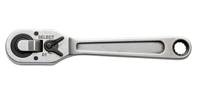 Steel ratchet wrench tool with socket driver isolated on white background