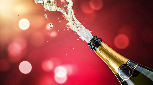 Champagne bottle popping with splash and bokeh lights on red celebration background
