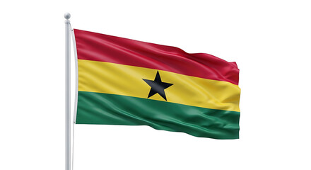 Fototapeta premium Ghanaian flag waving on a silver flagpole against a plain white background.
