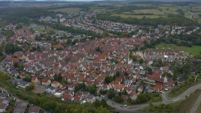 Aerial view around the old town city of  Weil der Stadt, Germany Baden-Wurttemberg ona cloudy summer day