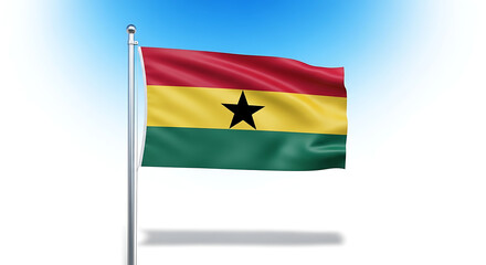 Ghana national flag waving against a clear blue sky with white background.