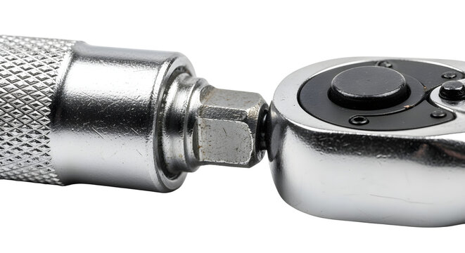 Metal ratchet wrench and knurled extension handle close-up on white background