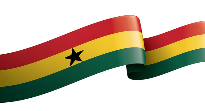 Ghanaian flag waving with red, yellow, and green colors and a black star emblem.