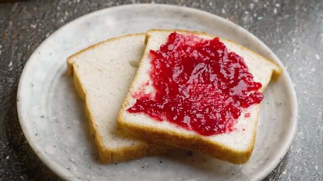 Spreading Red Jam on a Slightly Browned Toast with Table Knife on Cutting Board. A man spreading jam over a White bread slice 4k Video