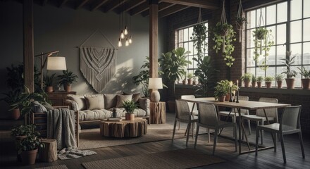 Modern living room interior design with plants and natural light