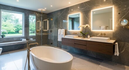 Modern bathroom interior with bathtub vanity mirrors and natural light