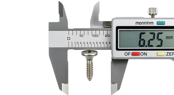 Digital caliper measuring a small metal screw head isolated on white background