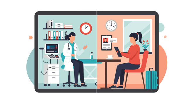 A digital tablet illustrates a patient consulting with a doctor online, highlighting the convenience and accessibility of telemedicine and virtual healthcare services.