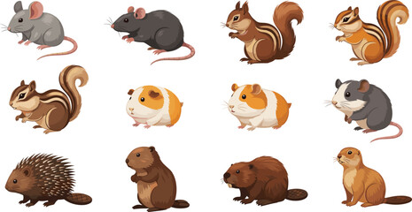 Obraz premium Cute Cartoon Rodents and Small Forest Animals Vector Set with Mouse Rat Squirrel Guinea Pig Beaver and Hedgehog Isolated on White Background