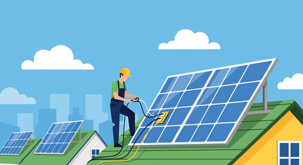Worker Installing Solar Panels on Rooftop for Renewable Energy