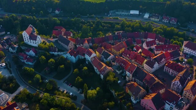 Aerial view above the old town in the city Engen on a cloudy noon in summer in Germany close to lake constance, Bodensee.
