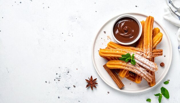 Traditional spanish dessert churros, fried dough pastry dusted with powdered sugar and chocolate sause on white background. Street food, sweet snack, homemade dessert. Top view, copy space