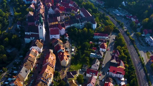 Aerial view above the old town in the city Engen on a cloudy noon in summer in Germany close to lake constance, Bodensee.
