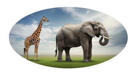 Obraz premium Elephant and giraffe standing together in a green field