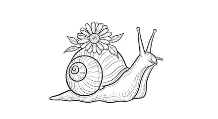 Detailed black and white line art illustration of a snail with a flower on its shell nature themed © Saipur