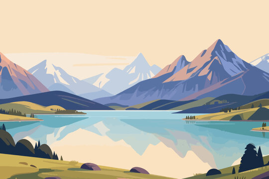 Serene mountain landscape with snowy peaks, calm lake reflection, rolling hills, and warm gradient sunrise sky.