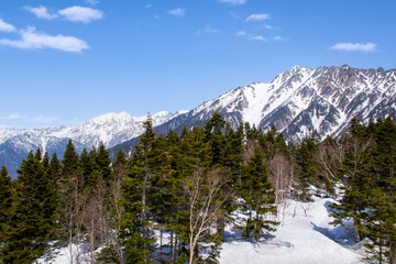 日本の北アルプスの雪の穂高連峰の景色