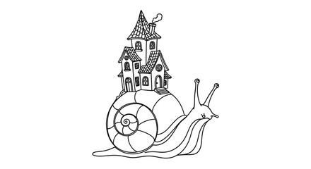 Whimsical snail carrying a fairytale house on its back charming line art illustration © Saipur