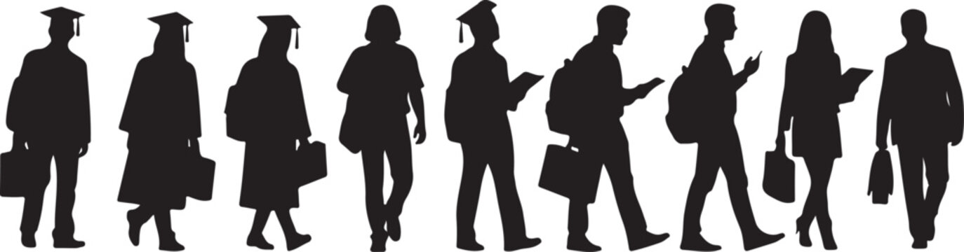 Silhouettes of people walking in various business attire styles