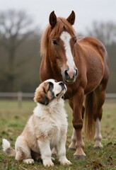 Adorable Saint Bernard Puppy Gazing Up at a Chestnut Horse in a Grassy Field