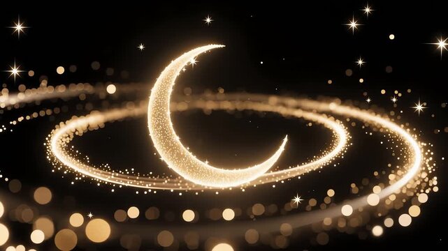 golden crescent moon glowing rings sparkles in dark background