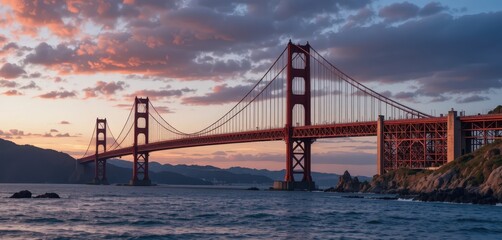 Fototapeta premium Majestic Sunset View of Iconic Bridge Against Calm Ocean Landscape