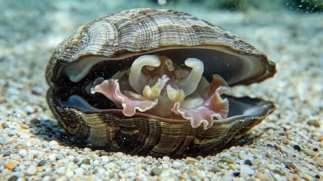 Open Seashell Underwater with Marine Organism Inside, Macro Ocean Mollusk Close Up, Marine Wildlife Background