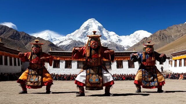 Vibrant Bhutanese monks performing traditional Cham dance in stunning Himalayan landscape