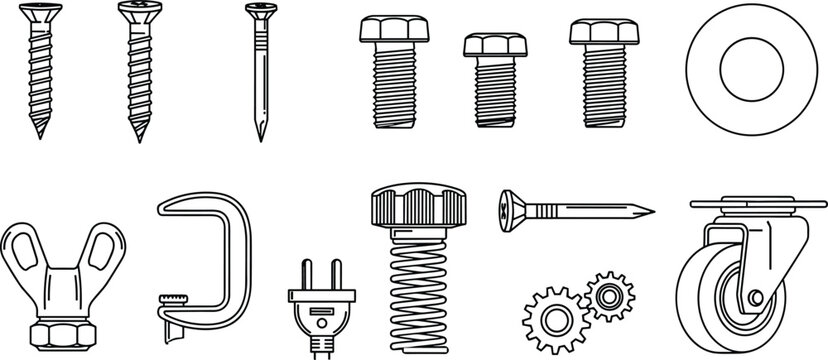 Industrial Hardware Fastener Vector Set with Screws Bolts Nails and Tools for DIY Repair Construction Illustration