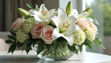 White lilies and pink roses in clear vase. Hydrangeas and eucalyptus leaves complete this natural floral composition on table. Elegant bouquet for home decor, events, or interior design.