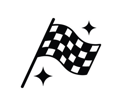 Black and white checkered racing flag vector illustration with sparkling starbursts, isolated on white  background for design elements.