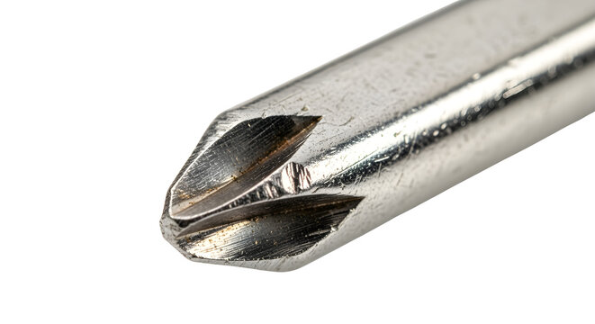 Close-up of a metal Phillips screwdriver tip isolated on a white background