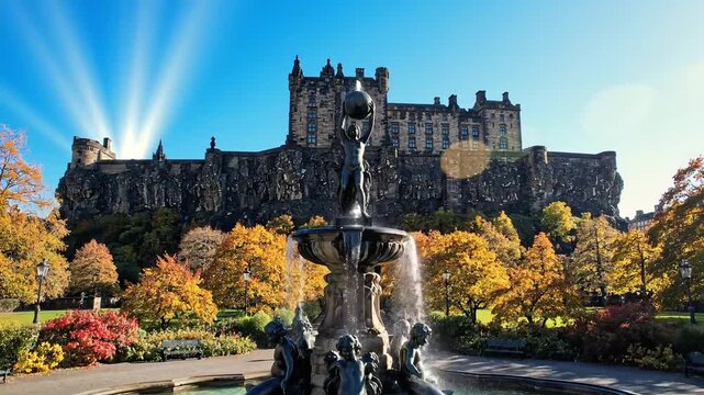 Majestic castle perched atop a rocky outcrop surrounded by vibrant autumn foliage and a decorative fountain.