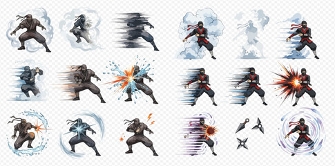 Dynamic ninja character action poses with various elemental and speed effects, isolated on transparent background for game design or graphic projects. © studio