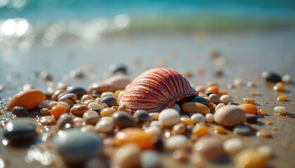 Fototapeta premium Close-up of seashells and pebbles on wet sand by the sea. Gentle waves lap the shore, reflecting sunlight. Natural coastal scene, beach detail, wet sand texture, ocean edge.